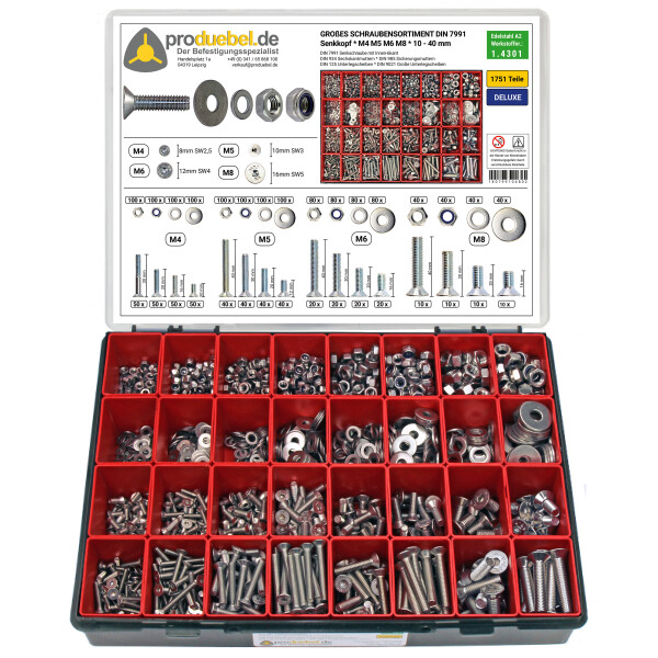 DIN 7991 Großes Senkschrauben-Sortiment Deluxe/Standard Edelstahl A2 V2A (DIN7991+934+985+125+9021)