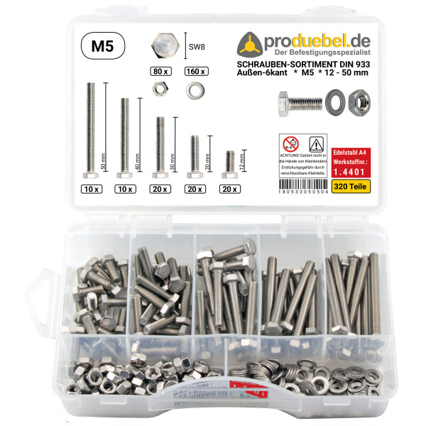 Basis Schrauben-Sortiment DIN 933 M2 - M10 Edelstahl A4 V4A * 72 - 400-tlg.