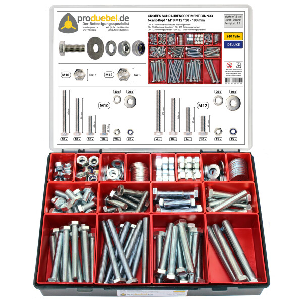 DIN 933 Großes 6-kant Schraubensortiment Deluxe/Standard Stahl verzinkt 8.8 M10/M12