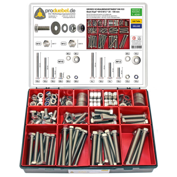 DIN 933 Großes 6-kant Schraubensortiment Deluxe/Standard Edelstahl A2 V2A M10/M12