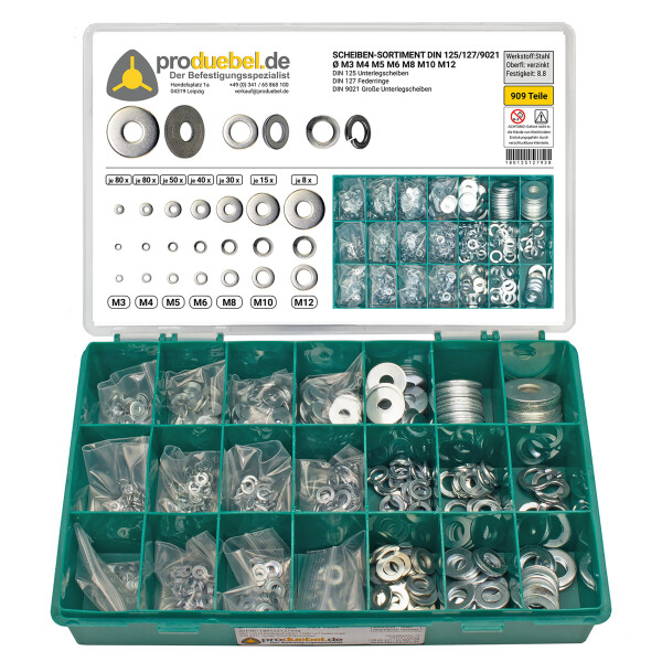 DIN 125/127/9021 Scheiben-Sortiment Stahl verzinkt Ø M3-M12 * 909-tlg.